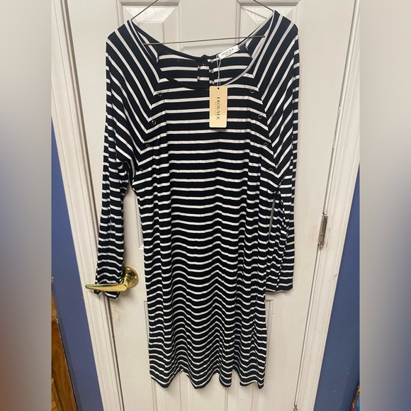 Amazon Black White Stripes Snap Buttons Maternity Scoop Neck Shirt Dress M - Picture 1 of 7